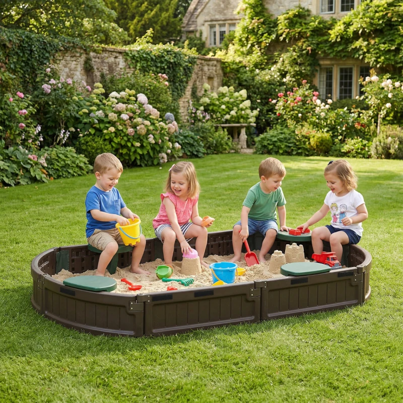 Outsunny Kids Sandbox with Cover, Seat, Sandbox Outdoor for Backyard, Brown