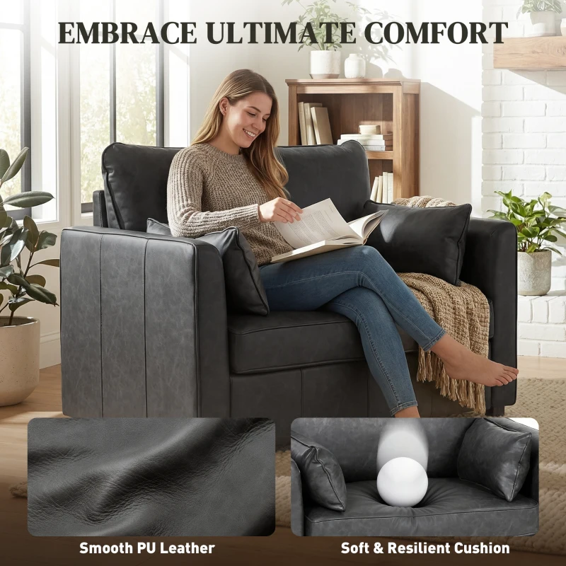 HOMCOM Accent Chair, PU Leather Armchair with Wide Seat, Spring Cushion, Rubberwood legs, 2 Pillows, Black