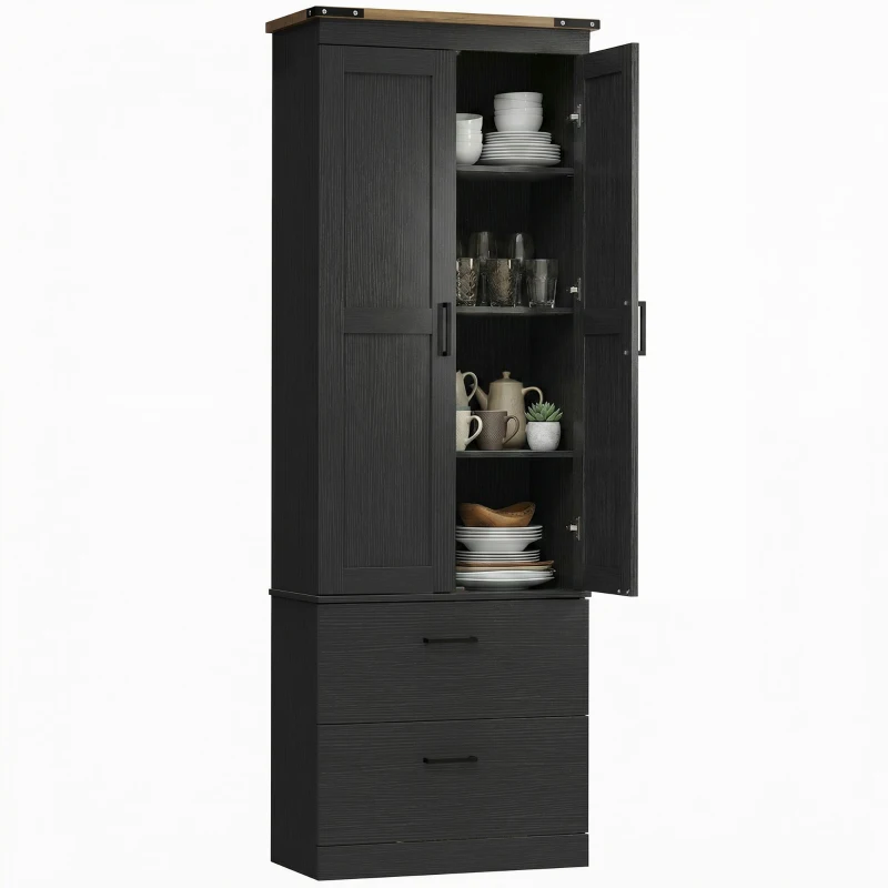 HOMCOM 67" Tall Kitchen Pantry Storage Cabinet, Kitchen Pantry Cabinet with Doors, Drawers and Adjustable Shelves, Black