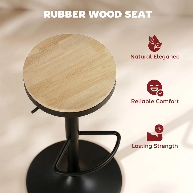 HOMCOM Wood Barstools Set of 2, Swivel Bar Stools with Adjustable Height for Kitchen Counter, Natural Wood and Black