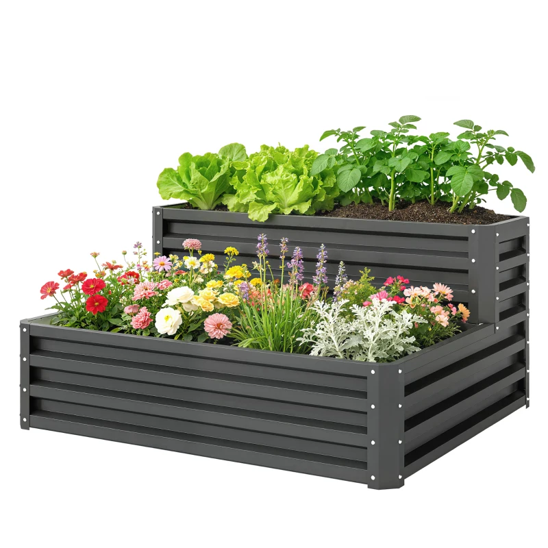Outsunny 2 Tier Raised Garden Bed, 47" x 40" x 23" Galvanized Steel Planter Box for Vegetables, Flowers, and Herbs, Dark Grey