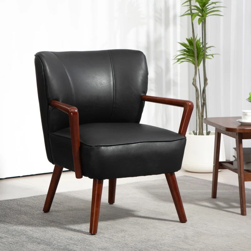 HOMCOM Accent Chair, Modern Armchair, Faux Leather Upholstered Living Room Chair with Wood Legs and Wide Padded Seat, Black