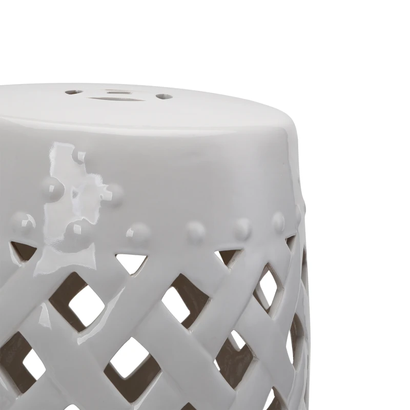 Outsunny 18" Ceramic Garden Stool with Woven Lattice Design, Indoor & Outdoor Decorative Accent Stool, White