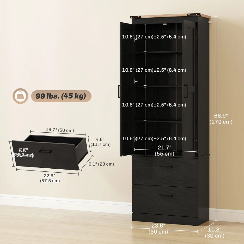 HOMCOM 67" Tall Kitchen Pantry Storage Cabinet, Kitchen Pantry Cabinet with Doors, Drawers and Adjustable Shelves, Black