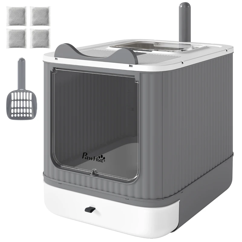 PawHut Litter Box with Lid, Enclosed Kitty Litter Box with Front-Entry, Top-Exit, Scoop, Deodorizer Bag for Medium Cats, White