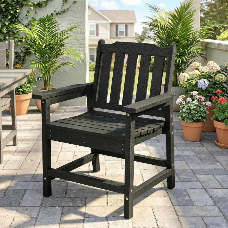 Outsunny All-Weather Patio Chair, HDPE Patio Dining Chair, Heavy Duty Wood-Like Outdoor Furniture for Garden, Backyard, Deck, Porch, Lawn, Black