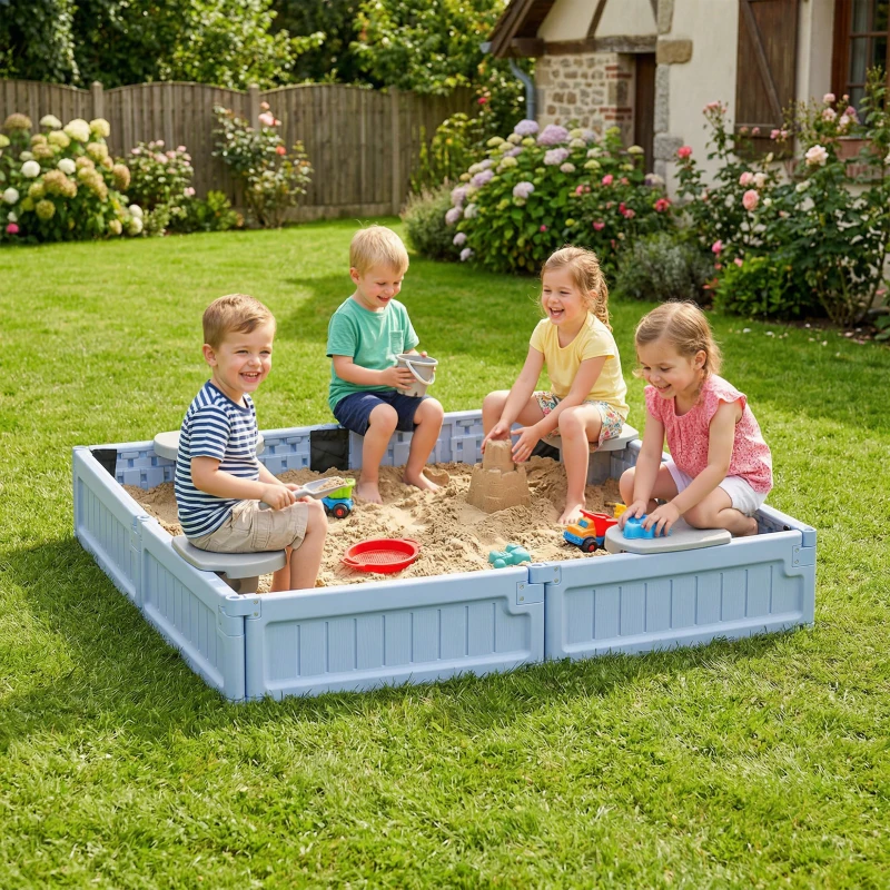 Outsunny Kids Outdoor Sandbox with Canopy, Bottom Fabric Liner, Light Blue