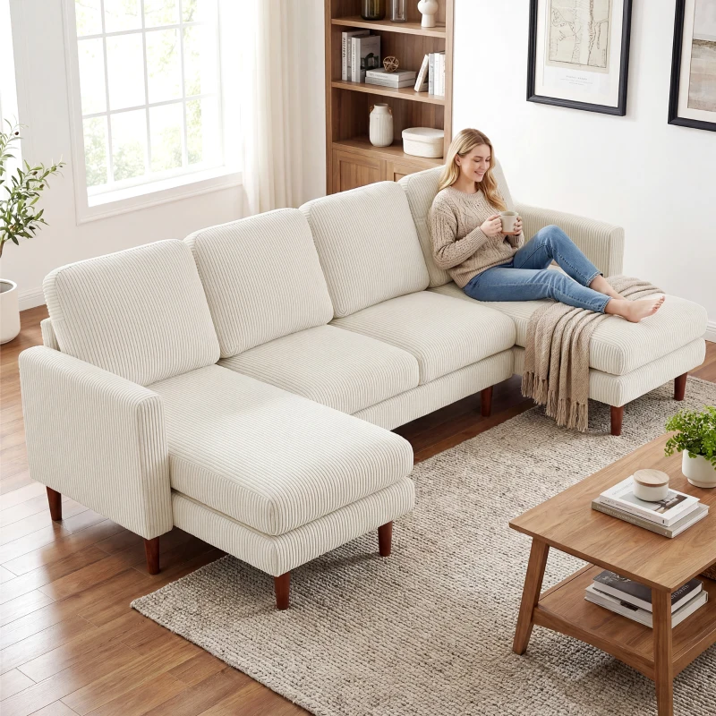 HOMCOM Sectional Sofa, Corduroy U Shaped Couch with Double Chaise and Spring Cushions, 2200lb Capacity, Beige