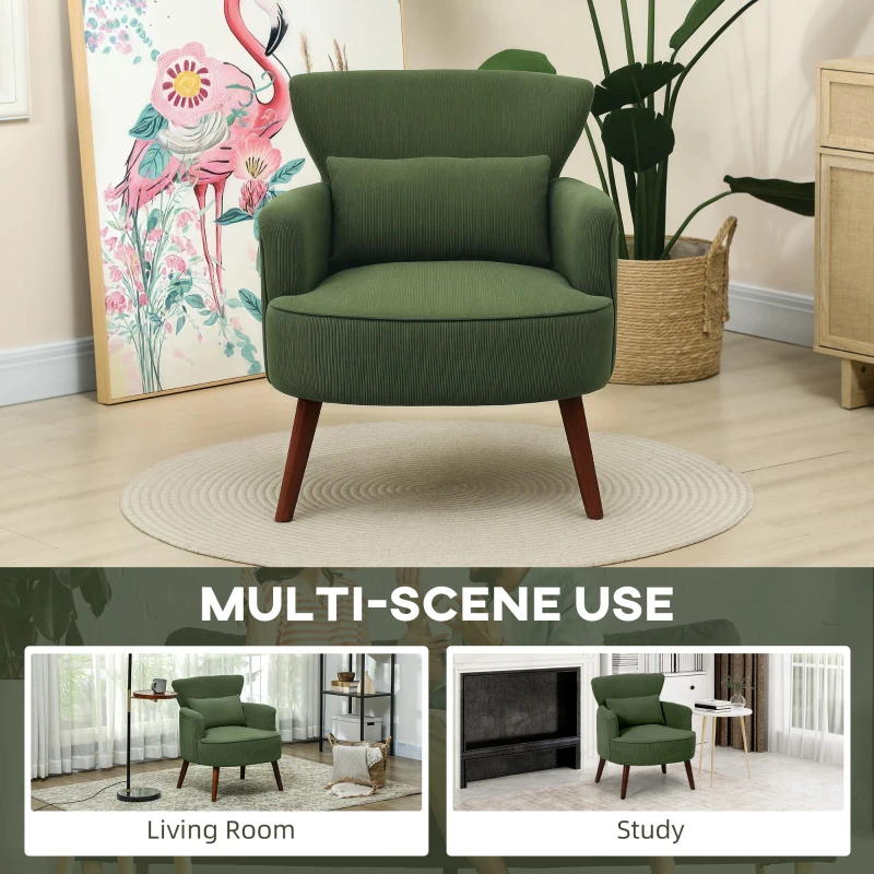 HOMCOM Modern Accent Chair, Upholstered Armchair with Solid Wood Legs and Lumbar Pillow for Living Room, Green