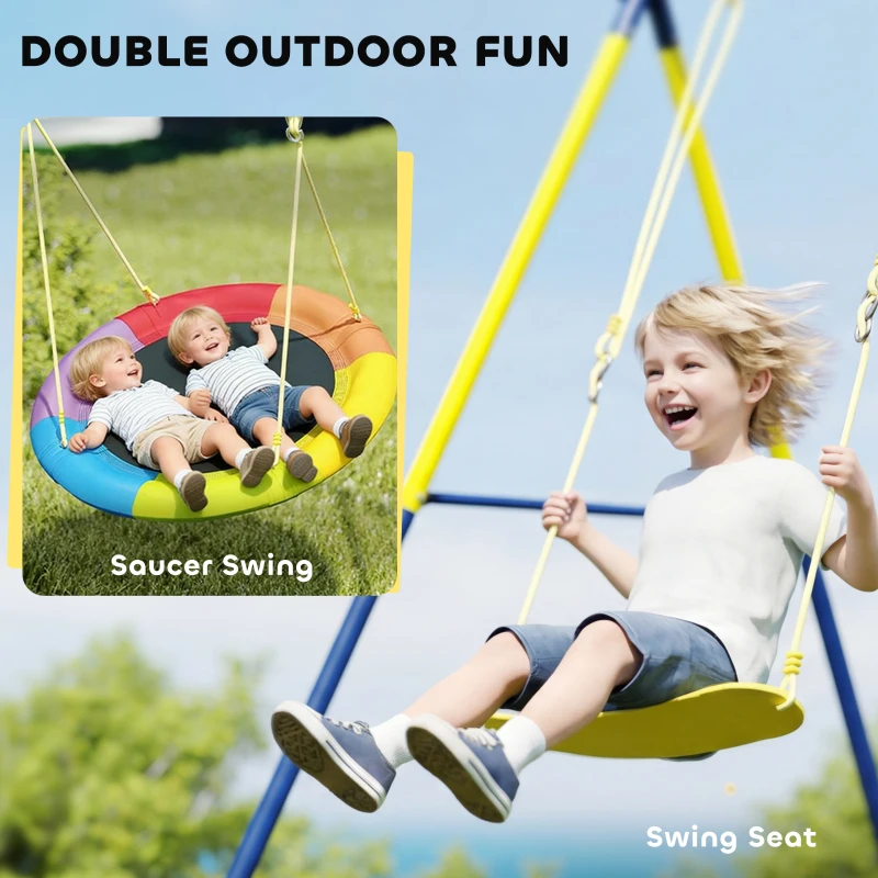 Qaba Kids Swing Set with Double Swings, Outdoor Playset with Adjustable Ropes, Metal Frame for Ages 3-8, 150kg Capacity