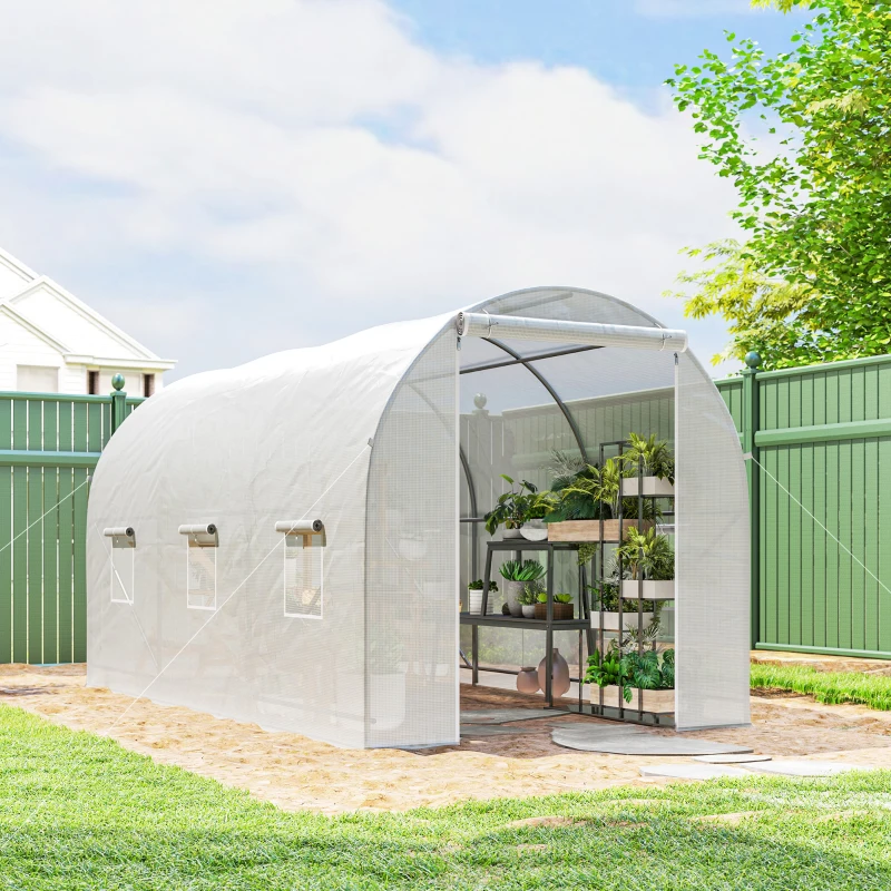 Outsunny 11.5x6.6x6.6ft Walk-in Tunnel Greenhouse Portable Garden Plant Growing Warm House with Door and Ventilation Window, White