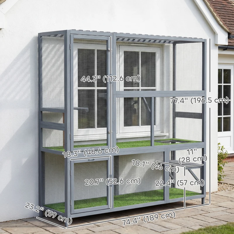 PawHut Catio Outdoor Cat Enclosure, 77" H Wooden Cat House with Weatherproof Roof, Platforms and Scratching Post