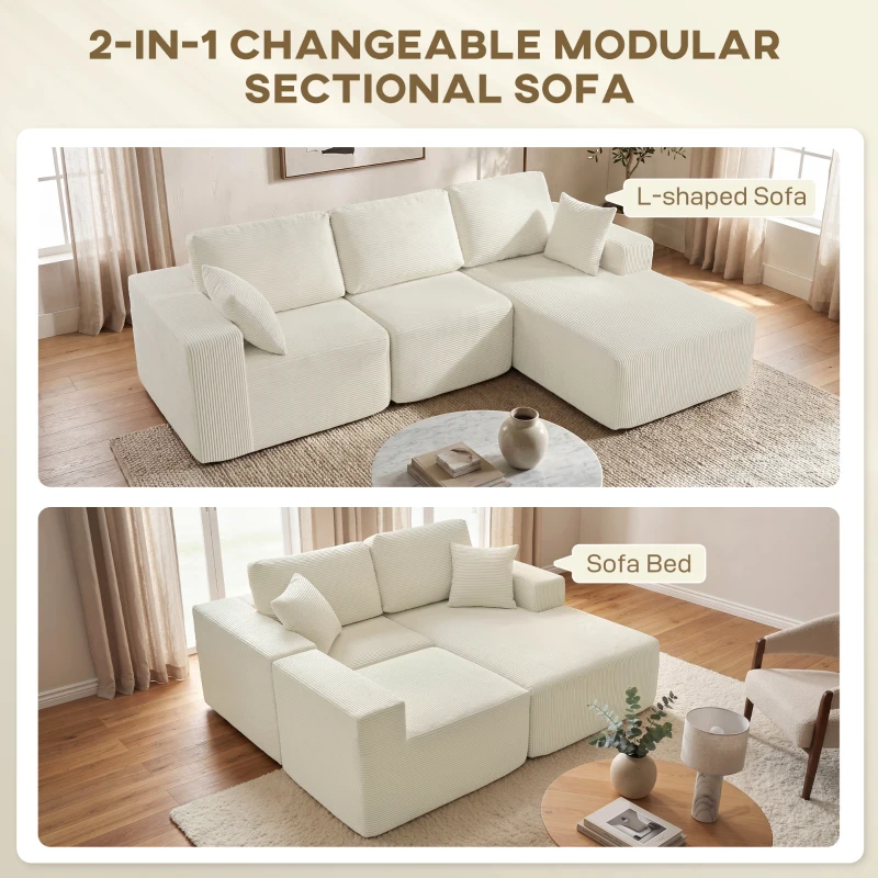 HOMCOM 2-in-1 Modular Sectional Sofa, Boneless L Shaped Couch Sofa Bed, Cream White