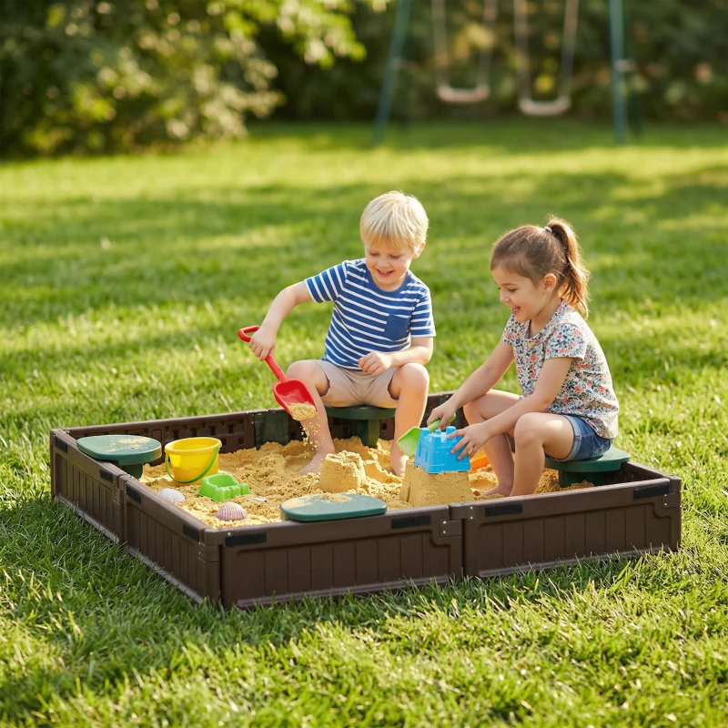 Outsunny Kids Outdoor Sandbox with Canopy, Bottom Fabric Liner, Brown