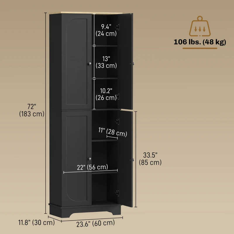 HOMCOM 72" Tall Pantry Cabinet, Kitchen Pantry Cabinet with Adjustable Shelves, Storage Cabinet with 4 Doors, Black