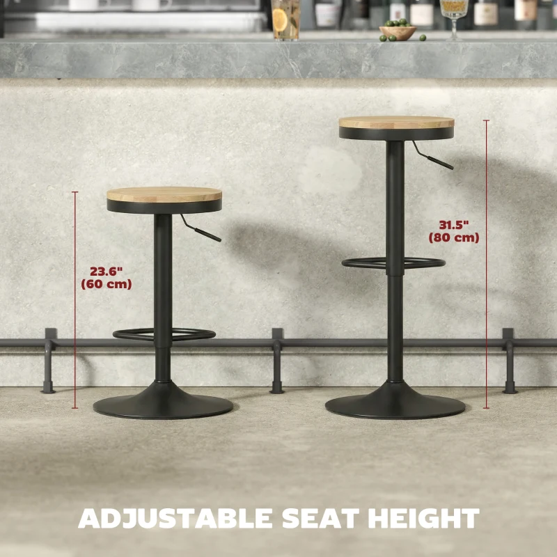 HOMCOM Wood Barstools Set of 2, Swivel Bar Stools with Adjustable Height for Kitchen Counter, Natural Wood and Black
