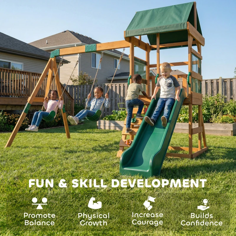 Qaba Wood Swing Set, Outdoor Playset with Slide, 2 Swings, Rock Wall and Covered Upper Deck, Kids Outdoor Playground
