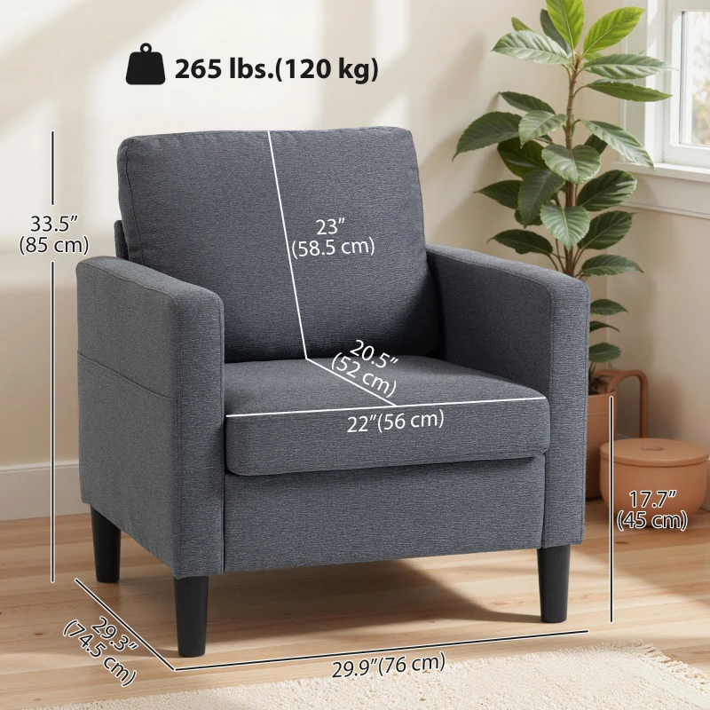 HOMCOM Accent Chair Upholstered Modern Armchair for Living Room with Thick Padded Seat and Armrests Dark Grey