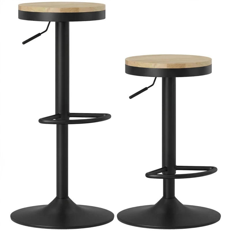 HOMCOM Wood Barstools Set of 2, Swivel Bar Stools with Adjustable Height for Kitchen Counter, Natural Wood and Black