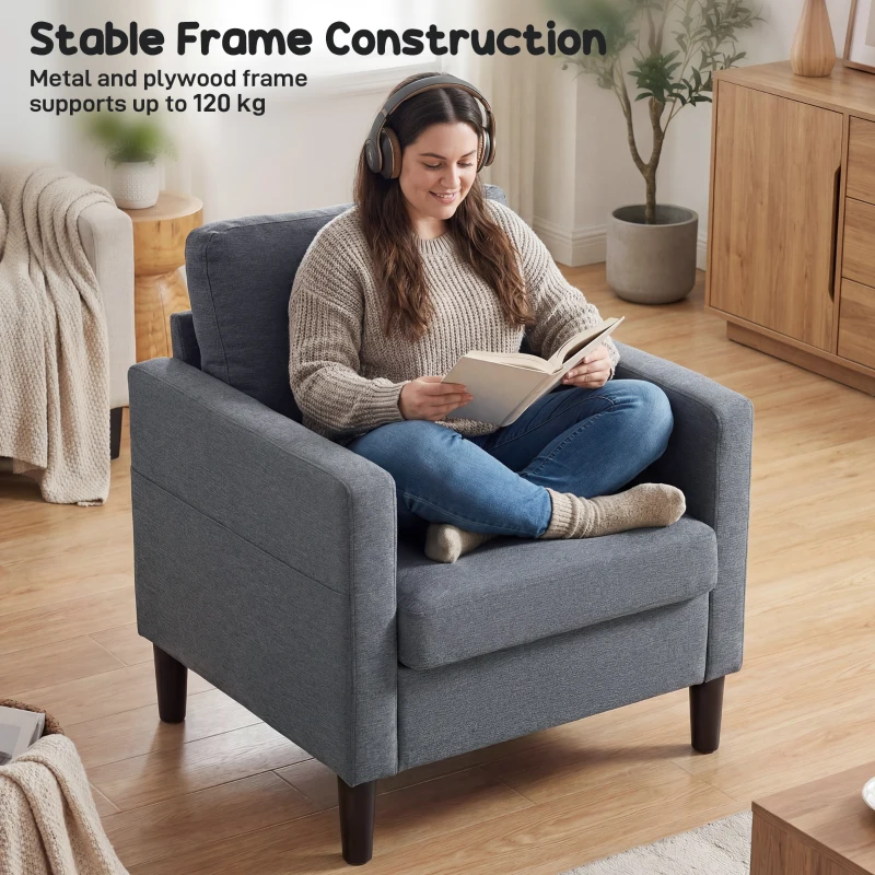 HOMCOM Accent Chair Upholstered Modern Armchair for Living Room with Thick Padded Seat and Armrests Dark Grey