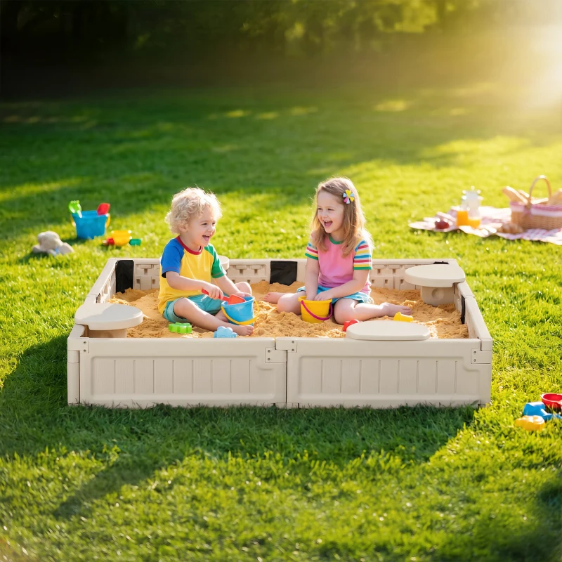 Outsunny Kids Outdoor Sandbox with Canopy, Bottom Fabric Liner, Cream White