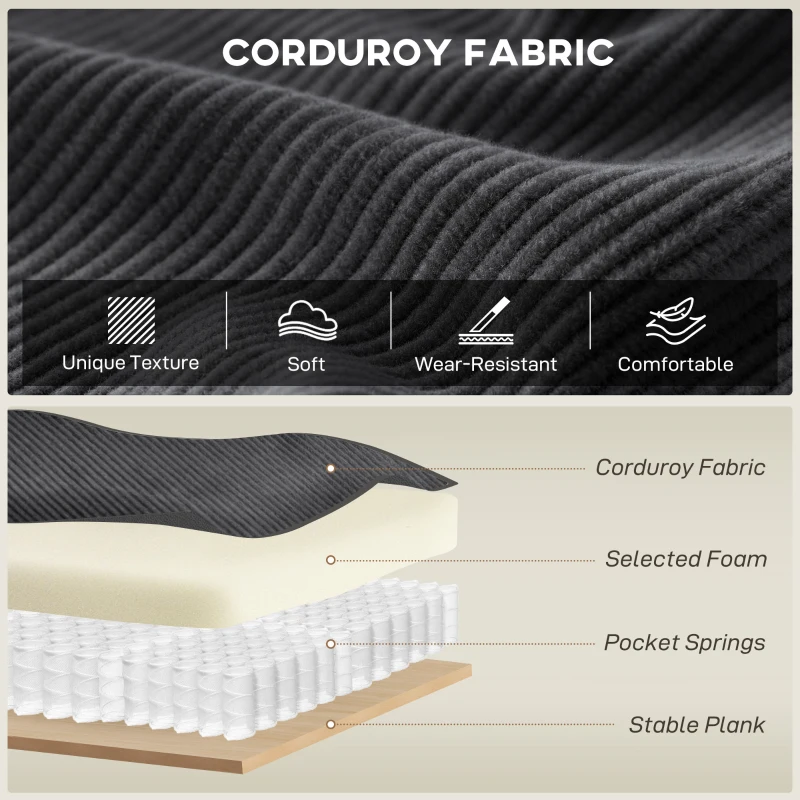 HOMCOM 86" 3 Seater Sofa, Modern Corduroy Upholstered Couch, Dark Grey