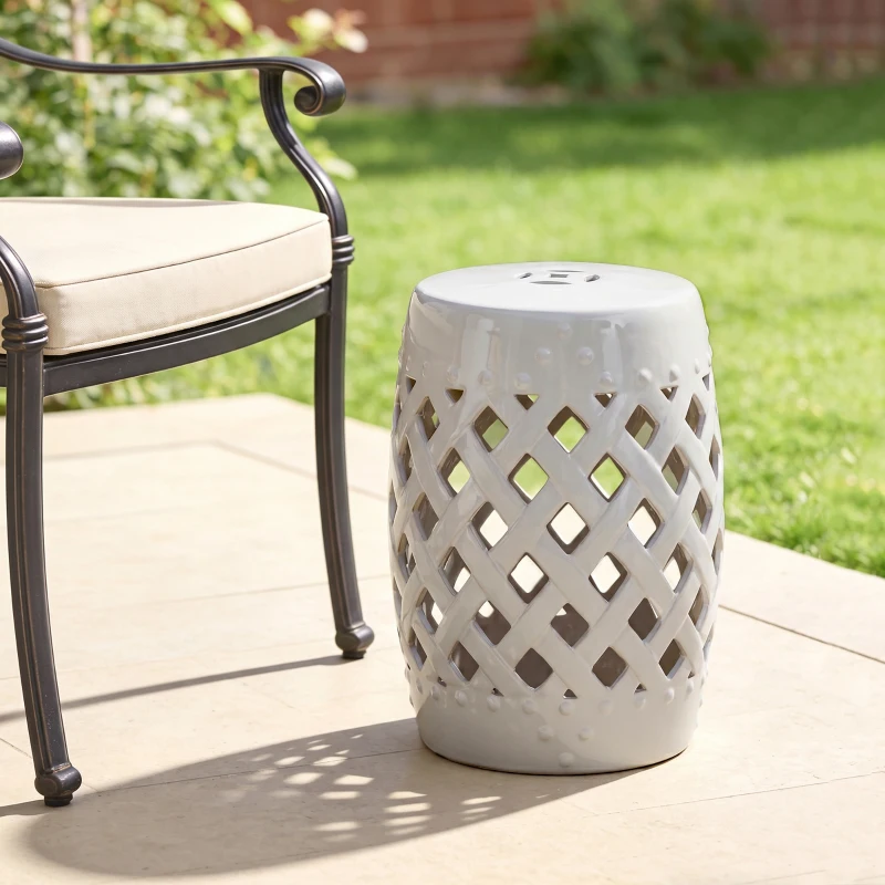 Outsunny 13" x 18" Ceramic Garden Stool with Woven Lattice Design & Glazed Strong Materials Decorative Outdoor Stool, White