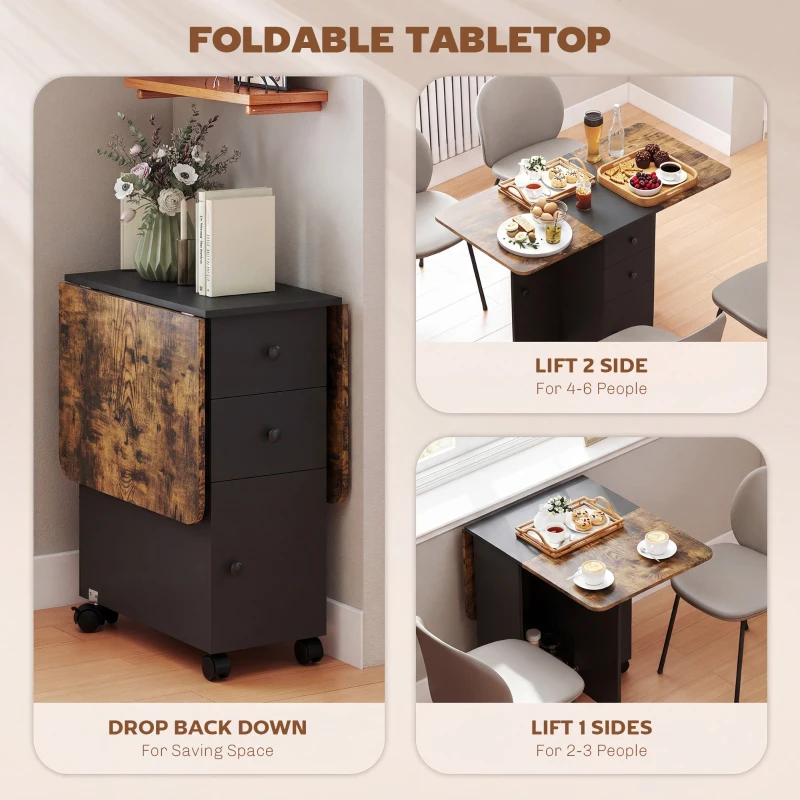 HOMCOM Drop Leaf Dining Table, Mobile Folding Table on Wheels with Drawers and Cabinet for Dining Room, Rustic Brown and Black