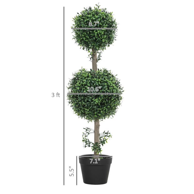 HOMCOM Set of 2 Artificial Ball Boxwood Topiary Trees, Fake Plants in Pot for Indoor Outdoor Living Room Green
