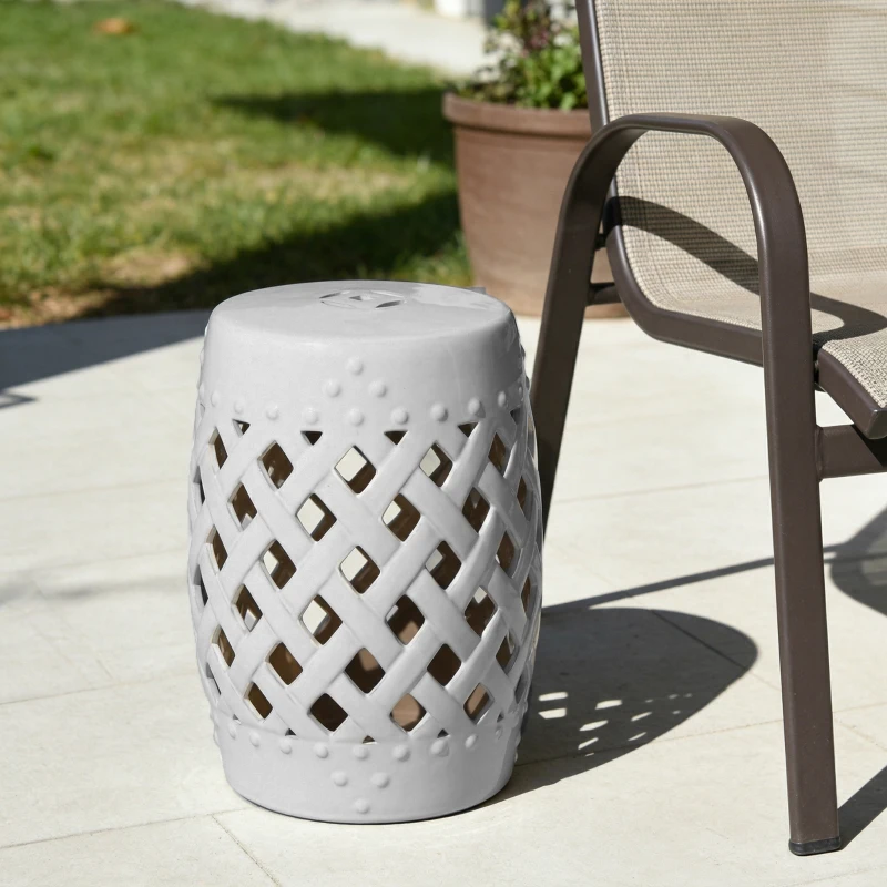 Outsunny 13" x 18" Ceramic Garden Stool with Woven Lattice Design & Glazed Strong Materials Decorative Outdoor Stool, White