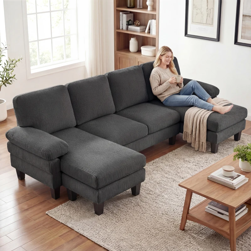 HOMCOM Sectional Sofa, U Shaped Couch with Double Chaise, Pillow-top Armrests and Spring Cushions, 2200lb Capacity, Dark Grey