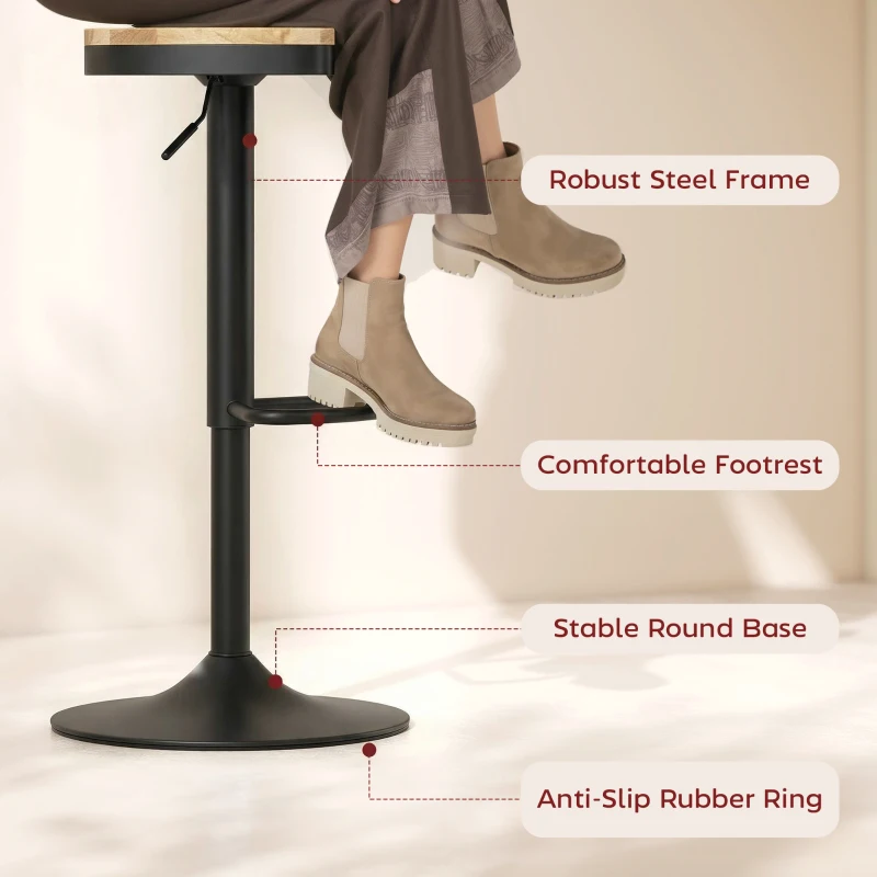 HOMCOM Wood Barstools Set of 2, Swivel Bar Stools with Adjustable Height for Kitchen Counter, Natural Wood and Black