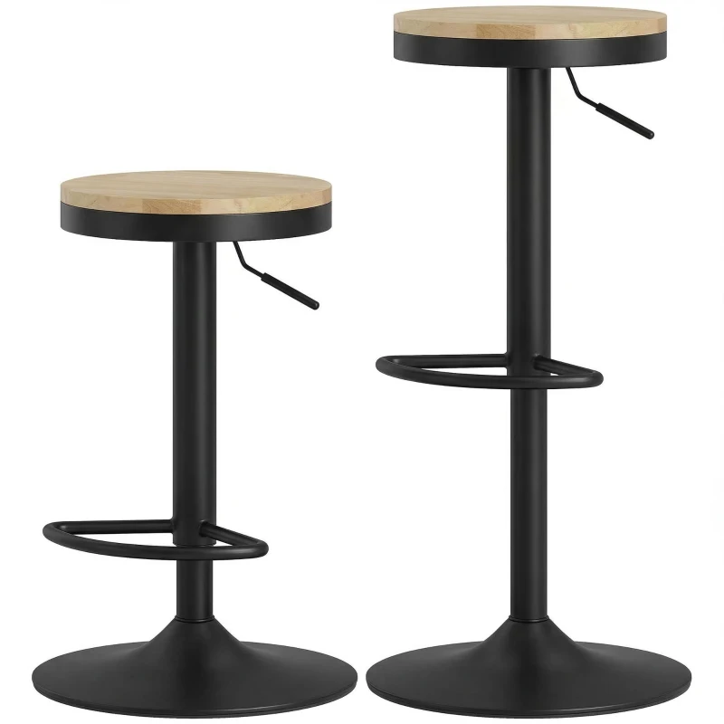 HOMCOM Wood Barstools Set of 2, Swivel Bar Stools with Adjustable Height for Kitchen Counter, Natural Wood and Black