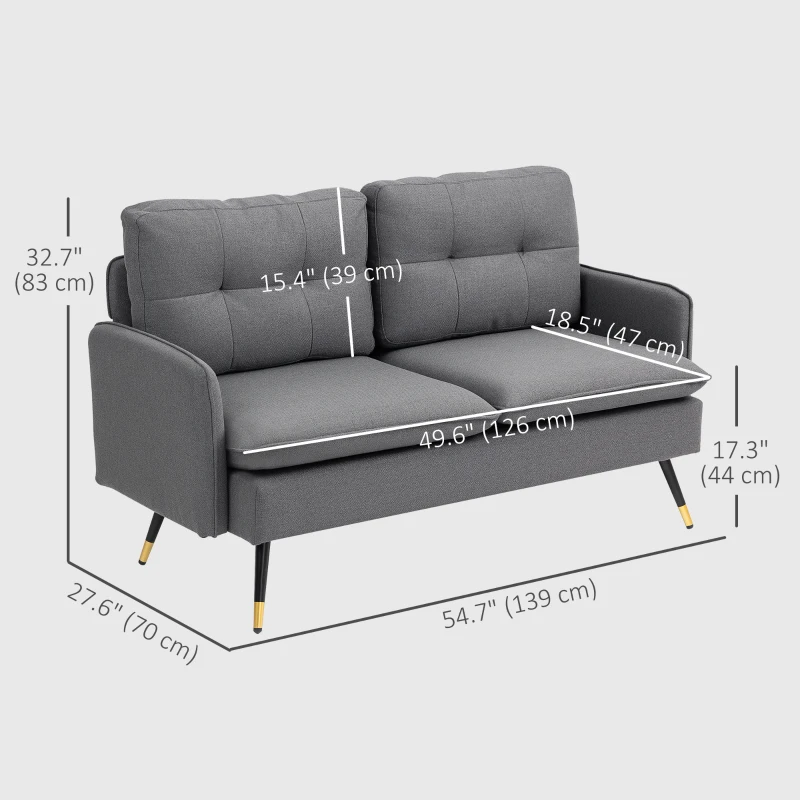 HOMCOM 55" Loveseat Sofa, Linen Love Seat w/ S spring, Steel Legs and Button Tufting, Small Couch for Living Room, Dark Grey