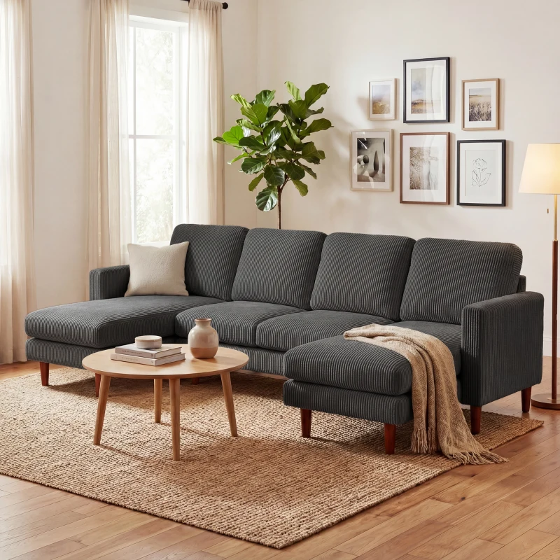 HOMCOM Sectional Sofa, Corduroy U Shaped Couch with Double Chaise and Spring Cushions, 2200lb Capacity, Dark Grey