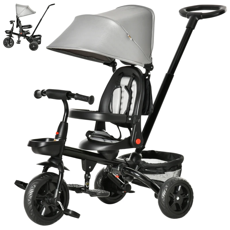 Qaba Tricycle for Toddler 4 in 1 Kids Trike, Foldable Converts Stroller to Toddler Bike, Adjustable Backrest & Curved Canopy, Detachable Guardrail & Handle for 1-5 Years Old, Grey