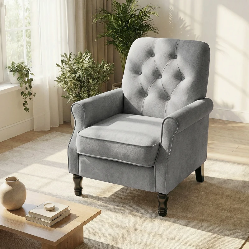 HOMCOM Accent Chair, Mid-Century Modern Armchair with Thick Padded Seat, Spring Cushion, Solid Wood Legs, Grey