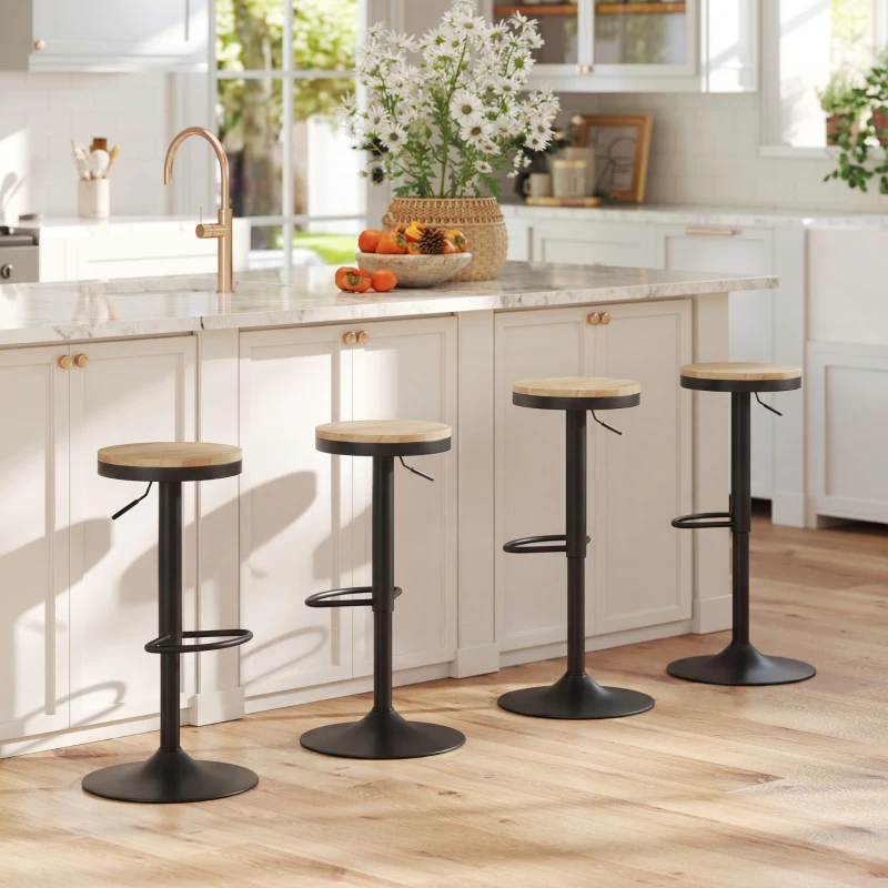 HOMCOM Wood Barstools Set of 2, Swivel Bar Stools with Adjustable Height for Kitchen Counter, Natural Wood and Black
