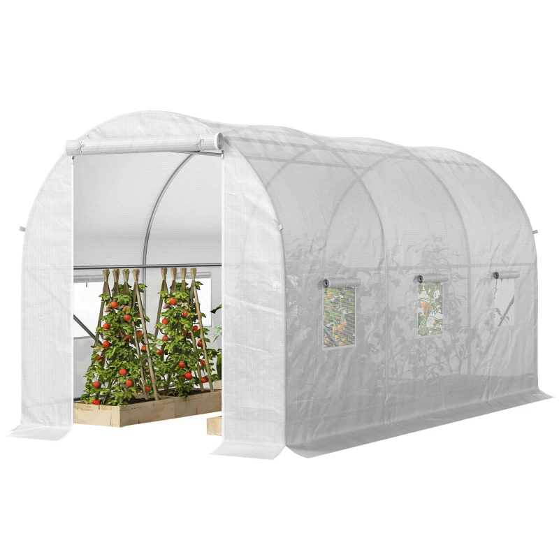 Outsunny 11.5x6.6x6.6ft Walk-in Tunnel Greenhouse Portable Garden Plant Growing Warm House with Door and Ventilation Window, White