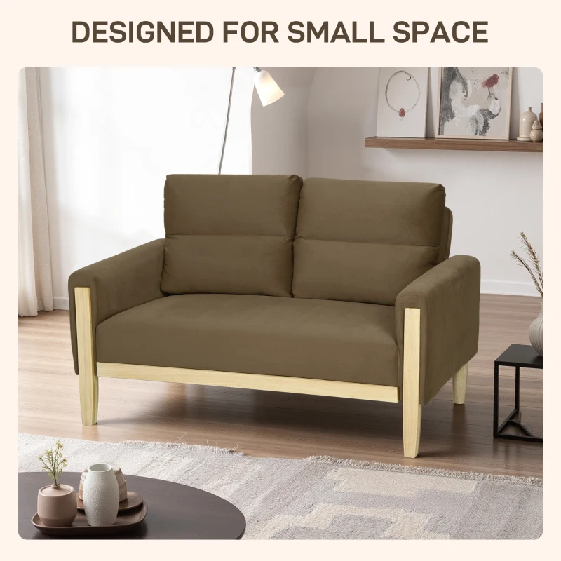 HOMCOM 53" Loveseat Sofa, Small 2 Seater Couch with Solid Wood Legs, Modern Velvet Sofa for Living Room, Small Spaces,Brown