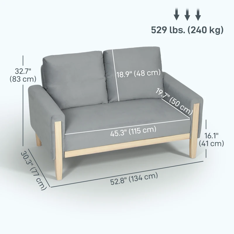 HOMCOM 53" Loveseat Sofa, Small 2 Seater Couch with Solid Wood Legs, Modern Velvet Sofa for Living Room, Small Spaces, Grey