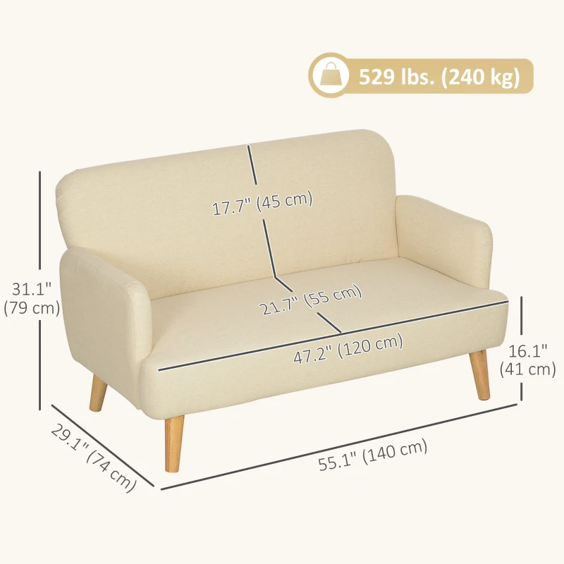 HOMCOM Velvet Feel Fabric 2 Seater Sofa, Small Sofa Loveseat with 8.3" Thick Padding and Wood Legs, Cream White