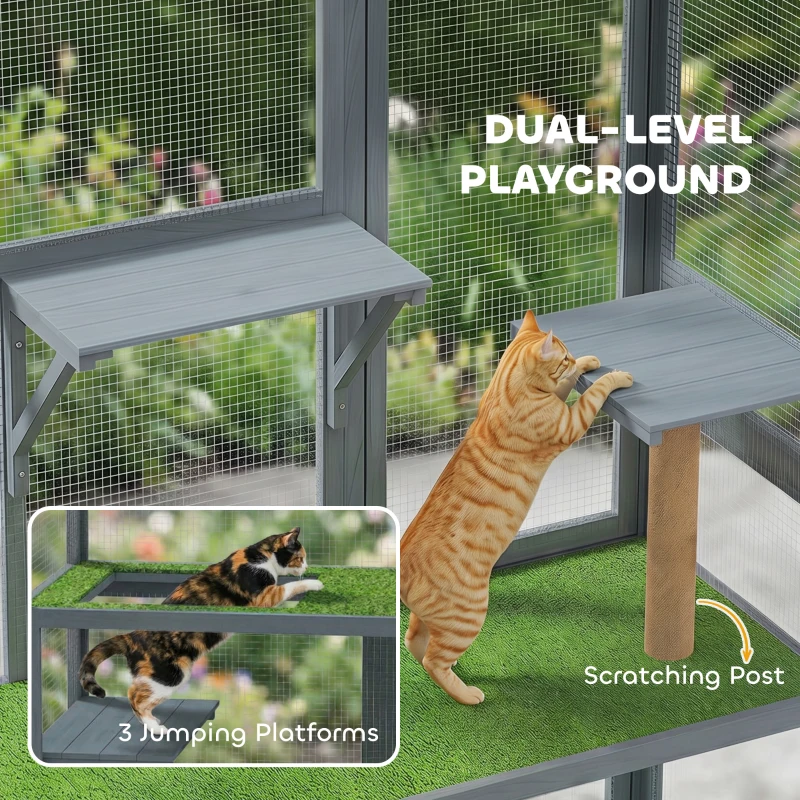 PawHut Catio Outdoor Cat Enclosure, 77" H Wooden Cat House with Weatherproof Roof, Platforms and Scratching Post