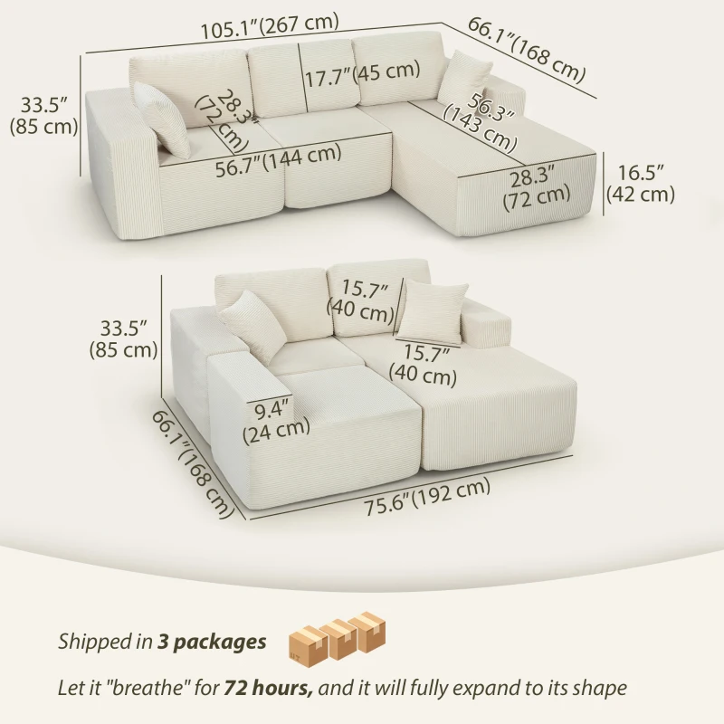 HOMCOM 2-in-1 Modular Sectional Sofa, Boneless L Shaped Couch Sofa Bed, Cream White