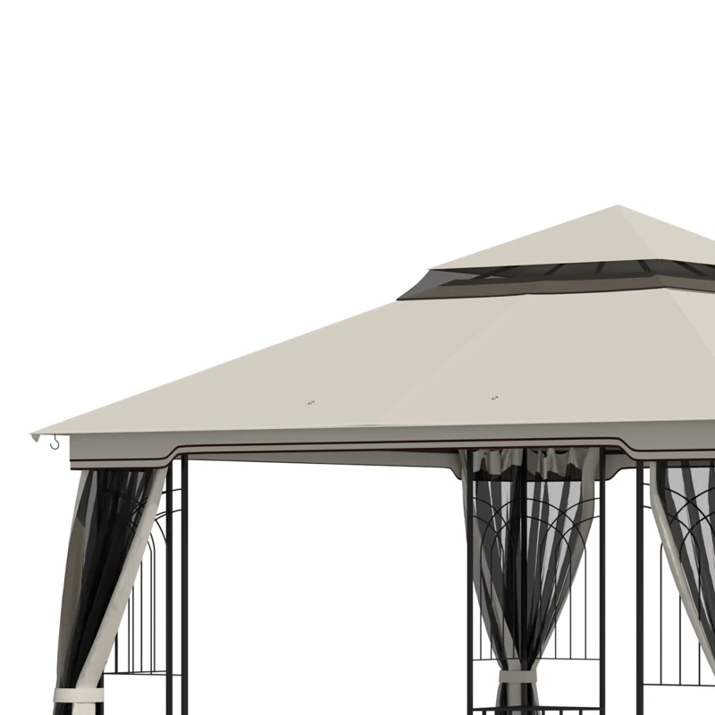 Outsunny 10'x10' Soft-top Patio Gazebo with Double Tier Roof, Mesh Curtains, Display Shelves, Top Hooks, Beige