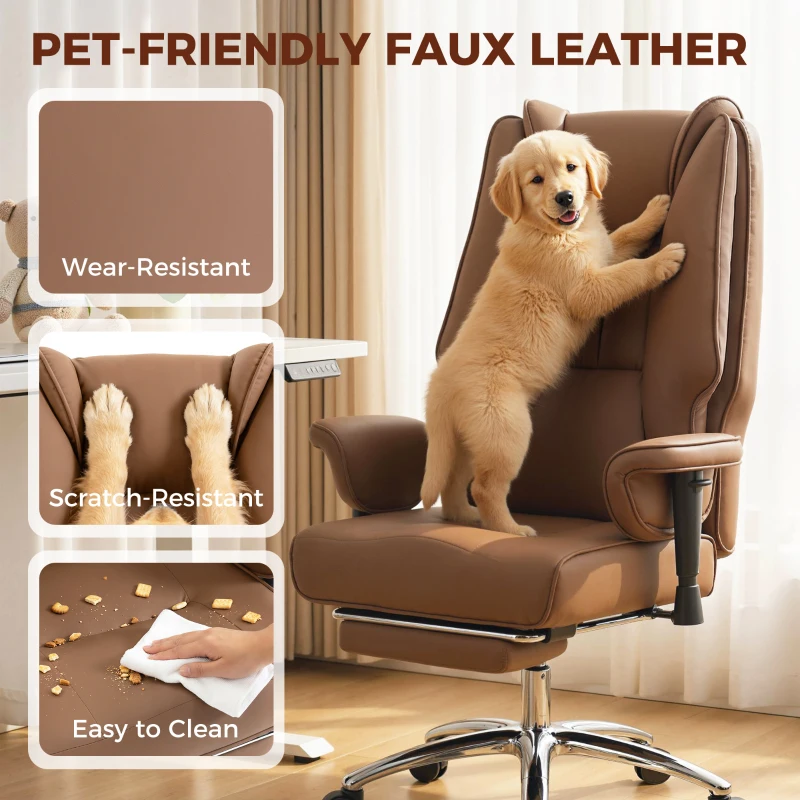 HOMCOM Ergonomic Office Chair, High Back Reclining Desk Chair with Adjustable Armrests, Pet Friendly Faux Leather, Brown