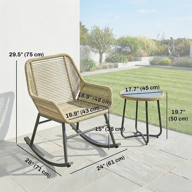 Outsunny 3 Piece Rocking Bistro Set Outdoor Patio Furniture Set with Cushions, Glass Coffee Table for Balcony, Cream White