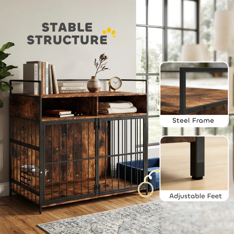 PawHut Dog Crate Furniture with Rotating Feeding Station Dog Kennel End Table Storage Shelves, Rustic Brown