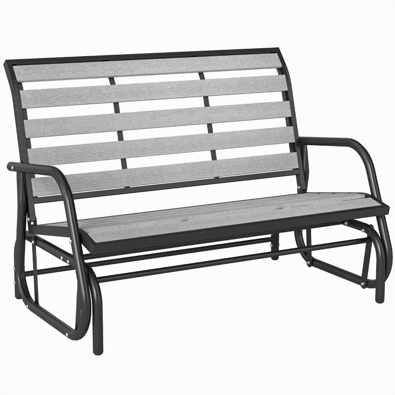 Outsunny 2 Person Outdoor Glider Bench, Patio Glider Loveseat with Faux Wood Slatted Seat and Back, Steel Frame, Grey