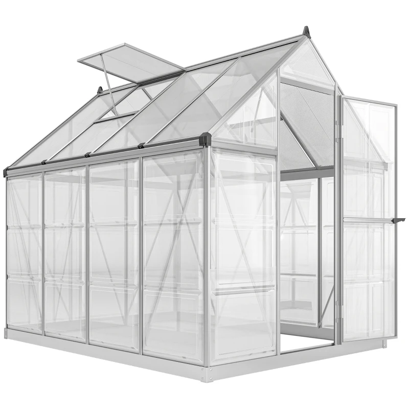 Outsunny 6' x 8' Walk-in Polycarbonate Greenhouse Aluminium Green House with 2 PC Panel Types, 5-Level Roof Vent, Rain Gutter